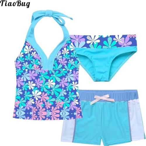 TiaoBug Summer 3Pcs Kids Girls Floral Print Swimming Clothes Set Sleeveless Halter Neck Top Shorts With Briefs Swimwear Bkini