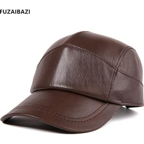 FUZAIBAZI New Style Genuine Leather Hat Men Autumn Winter Fashion First Layer Cowhide Baseball Caps Adjustable Size Cap Gorras