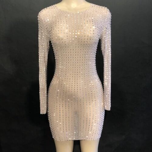 Sparkly Silver Rhinestone Mesh Perspective Dress Evening Party Luxurious Long Sleeve short Mini Dress Birthday Celebrate Dresses