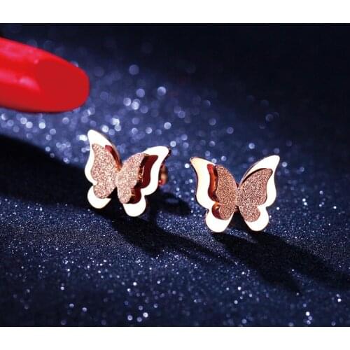 YUNRUO Top Brand Rose Gold Color Frosted Butterfly Stud Earring for Woman Girl 316L Stainless Steel Fashion Jewelry Never Fade