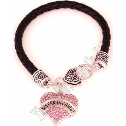 20CM length studded with crystals SISTER IN CHRIST heart pendant bracelet Lobster-claw-clasps