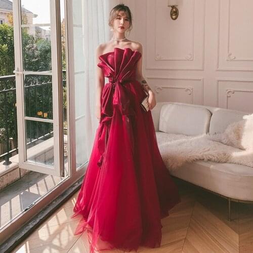 Elegant Lotus Leaf Tube Top A-Line Hepburn Style Evening Dress Cheongsam Back Bandage Prom Fomail Gown Vestidos De Noche