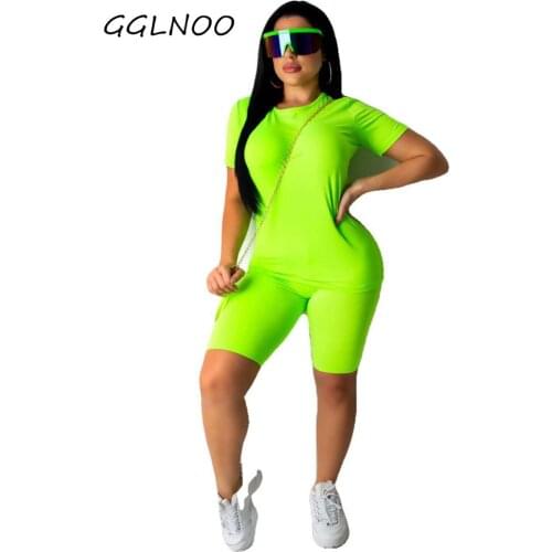 GGLNOO New Women Casual Solid Color Sports Suit Female Crop Top Shorts Outfit Fitness Workout Clothes Tracksuit Outfits GG2316
