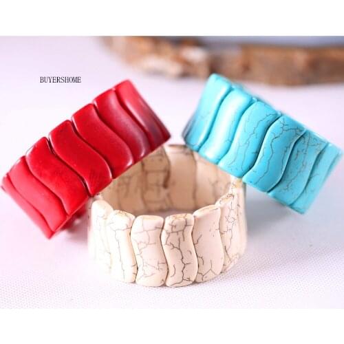 Hot Jewelry 14X32MM Natural Stone Beads Stretch Green White Red Howlite Bracelet 8" 1Pcs H912-914