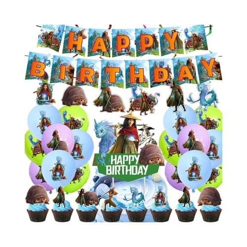 Raya and The Last Dragon Figure Toys Anime Sisu Dragon Dyan Birthday Decoration Set Pull Flag Balloon Cake Cards Party Supplies