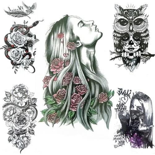Harajuku Fake Temporary Tattoos For Women Men Death Skull Snake Rose Flower Tattoo Gangster Skeleton Waterproof Tatoos Arm Hands