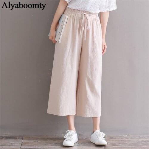 Japanese Mori Girl Summer Women Capris High Waist Black Khaki Casual Loose Pants Cotton Linen Vintage Elegant Wide Leg Trousers