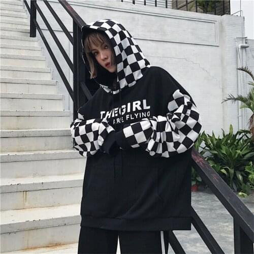Korean Harajuku BF hip-hop street loose cotton Unisex tops plaid stitching print chic pocket oversize women hooded sweatshirt