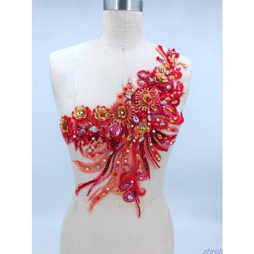 Handmade red Hot drilling Rhinestone beaded lace embroidery patch applique wedding dress bordados DIY Performance clothing