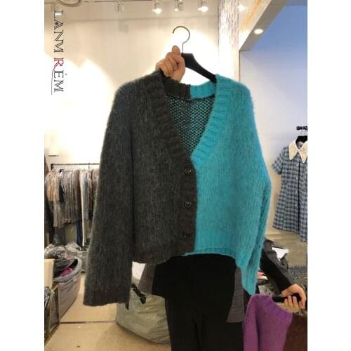 LANMREM 2021 Autumn And Winter Knitted Shirts Temperament V-neck Stitching Color Long Sleeve Irregular Loose Sweater 2D6050