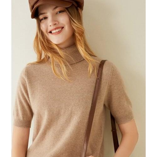 LONGMING Women Knit Top Short Sleeve 100% Cashmere Turtleneck Pullover Wool Knitted Sweater Jumper Women Autumn Warm Sweaters