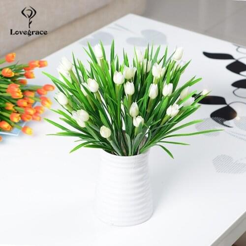 Lovegrace Mini Bouquet Tulip Artificial Flower Plastic Fake Tulip White Flower Arrangement DIY Home Party Wedding Table Decor