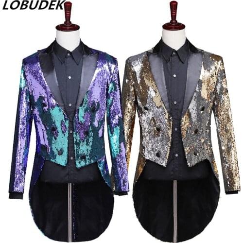 Mens Laser Reflector Swallowtail Gold Purple Tail Coats Night Club Fashion Variable Colors Tails Magician Singer Dance Costume