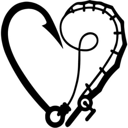 Car Stickers Fishermans Heart-shaped Fish Hook Rod PVC Car Decoration Accessories Decals Creative Black/white,15cm*15cm