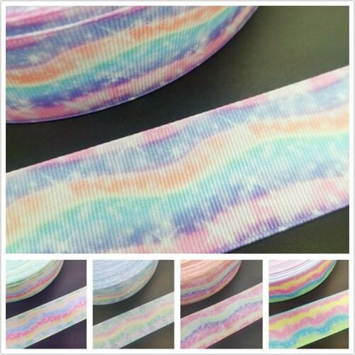 NEW DIY 5 Yards 38mm Rainbow Color wave Gradation Printed Grosgrain Ribbon Hair Bow Party Sewing Glitter