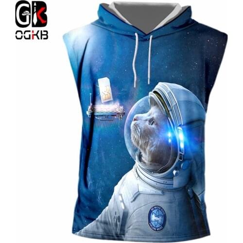 OGKB New Fashion Mens 3D Print Cat Astronaut Vest Hood Spring Casual Loose Pullovers Waistcoats Hooded Tank Tops Hoody Plus Size