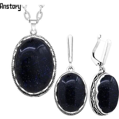 Oval Dark Blue Sequins Stone Jewelry Set Necklace Earrings For Women Flower Pendant Stainless Steel Chain TS357