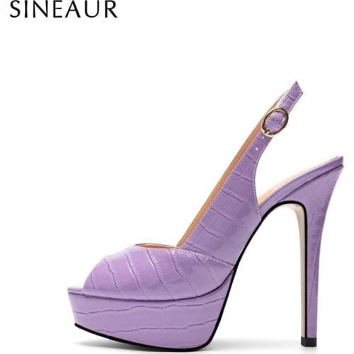 SINEAUR Womens Summer Shoes Ladies Thin High Heels Pumps Peep Toe Lavender Purple Sandals PU Platform Dress Plus Size 35-45