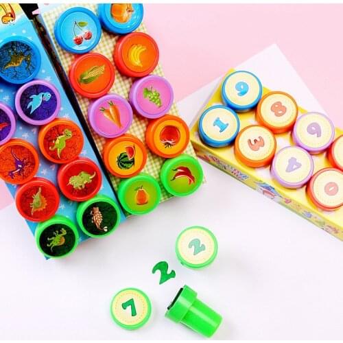 10pcs/Set Children Toy Stamps Cartoon Animals Fruits Number Kids Seal For Scrapbooking Stamper DIY Scrapbook Cartoon Reward Toys