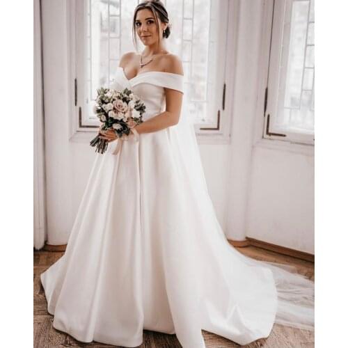 Wedding Dress A-Line Off The Shoulder Backless Satin Pearls Sashes Floor Length Sweep Train Simple Bride Gown Custom Made New
