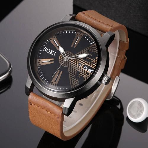 Top SOKI brand large dial European and American fashion sports mens watch automatic date quartz business watch PU belt watch
