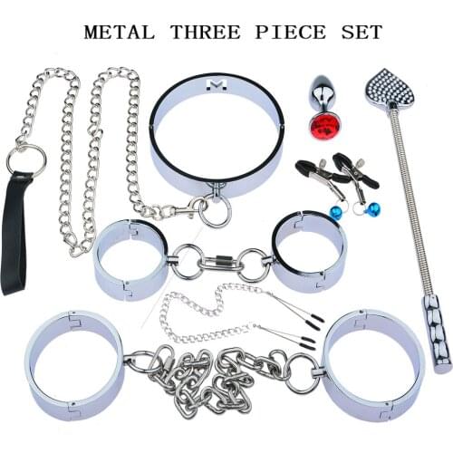 Heavy Stainless Steel SM Bondage Set With Handcuffs Collar Whip Spank For Bdsm Restraint Slave Role Play Adults Games Sex Toys