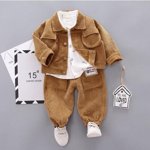 Corduroy 3pcs Boys Clothing Sets 2021 New Spring Autumn Jacket+ White Shirt+ Pants Newborn Baby Clothes Children Sports Suit
