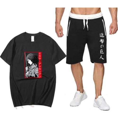 Japan Summer Anime mens sets T-shirt Sports Shorts Attack on Titan T shirt Sets homme camisetas Men Shorts Sets