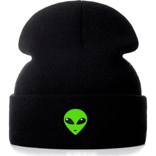 Green Alien Embroidery Cotton Casual Beanies for Men Women Knitted Winter Hat Solid Color Hip-hop Skullies Hat Unisex Cap