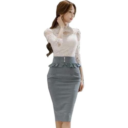 2 Pieces Summer Womens White Lace Tops Elegant Dress Office Ruffled Blue Midi Sexy Bandage Bodycon Dresses 2017 Vestidos