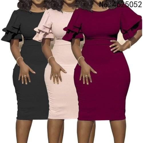 Large size XL-5XL Sudress 2021 Womens Dress O-Neck lanterm Sleeve Slim Night Solid Party short dress