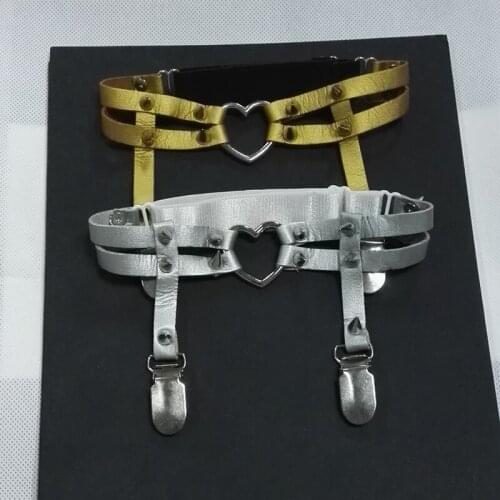 100% Handcrafted Double Straps Heart Garter Cosplay Harajuku Faux Leather Double Studded Garter Belt Suspender Stockings