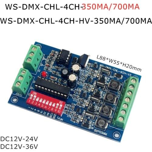 4CH DMX512 Decoder 350MA/700MA Constant Current DC12V-24V DC12V-36V DMX Dimmer RGBW LED Controller WS-DMX-HL-4CH-HV for LED Lamp