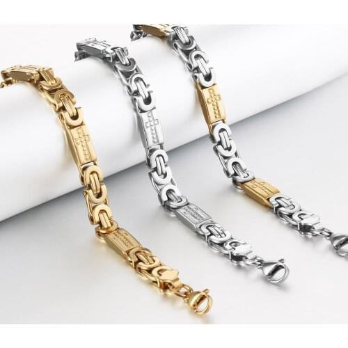Gold Silver Color Carved Cross Men Stainless Steel Heavy Link Chain Bracelets Byzantine Wristband Bracelets Religous Jewelry