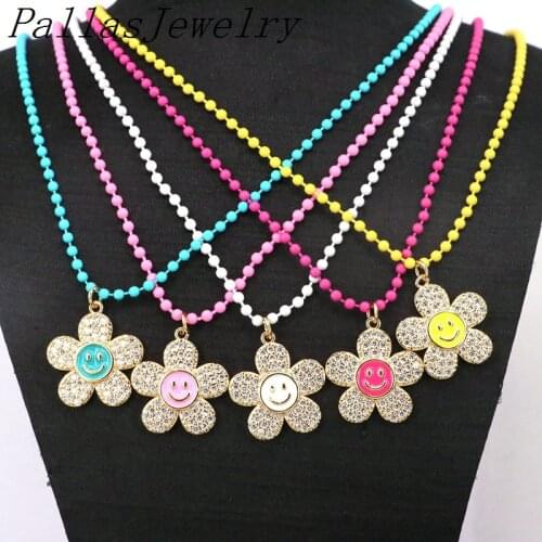 5Pcs Fashion CZ Micro Pave Sun Flower Smiley Face Pendant Necklace Bead Chain Charm Necklace Gifts for Women Jewelry