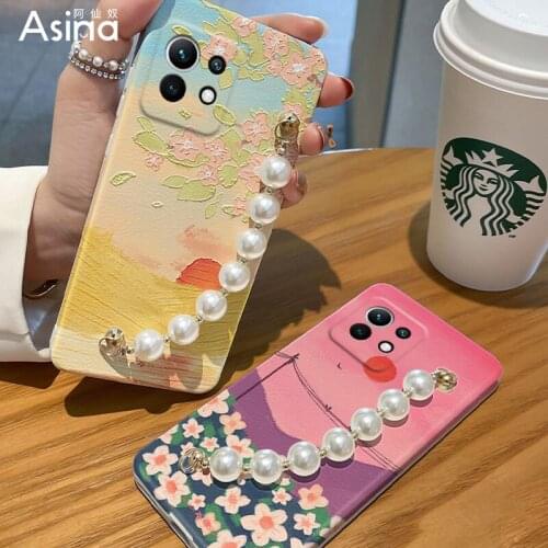 ASINA Imitation Lambskin Case For Xiaomi Mi 11 Mi 11Lite 5G Silicone Edge Fashion Cover with Pearl Chain For Poco F3