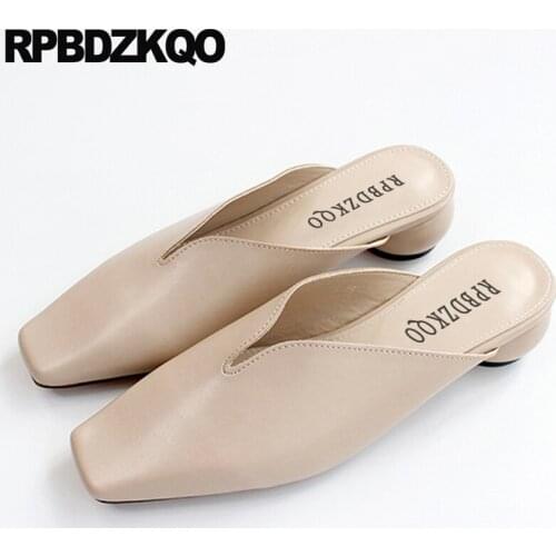 Cheap Sandals Low Heel Mules Embellished Slides Bow Closed Toe Women Shoes 2019 Spring Flat Slippers Casual Block Pointed Beige