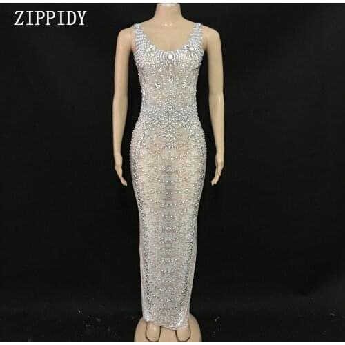 Sparkly Pearls Crystals Mesh Long Dress Womens Birthday Celebrate See Through Lace Dress Stage Costume Dance Outfit YOUDU