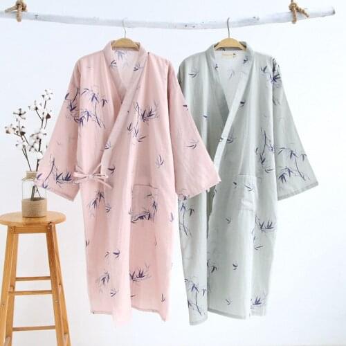 Shanghai Story Men Women Cotton Kimono Bathrobe with Pockets Robe Bamboo Printed Sleepwear Bath Robe For Couple