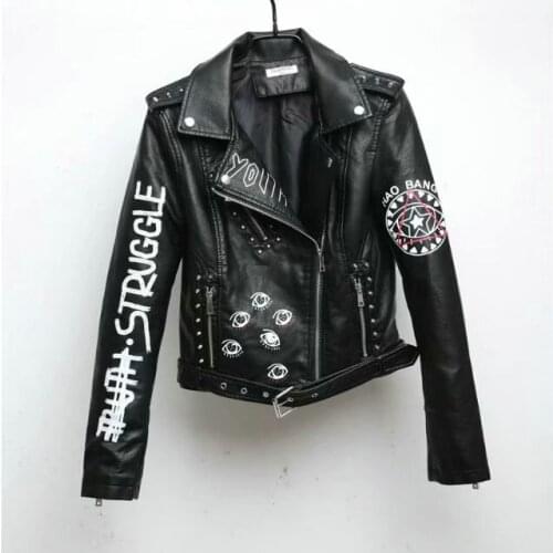 2020 New Women Autumn Winter Faux Soft Leather Jackets Coats Lady Black PU Rivet Zipper Epaulet 3D print Motorcycle Streetwear