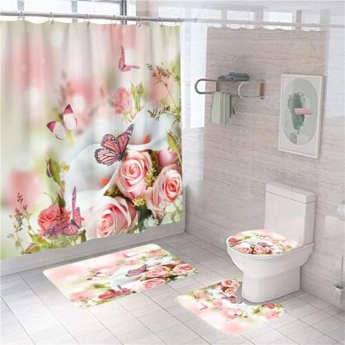 Bestselling 3D Flower Print Nordic Style Non-Slip Bath Mat Natural Landscape Home Decor Polyester Bathroom Curtain Set With Hook