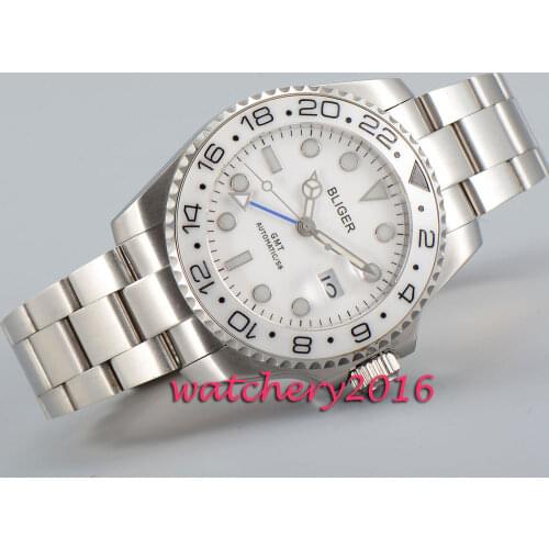 Casual Simple 43mm Bliger sapphire glass white dial date adjust ceramic bezel GMT Automatic movement Mens Mechanical Wristwatch
