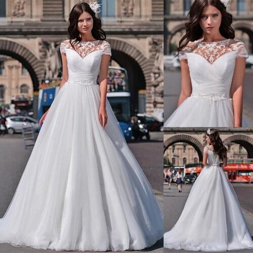 Wonderful Tulle A-line Wedding Dresses Ruched Tulle Short Sleeves Bridal Dress Lace Up Back vestido de novia princesa