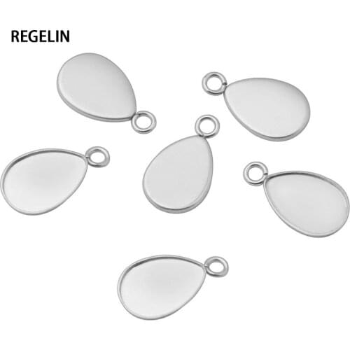 REGELIN Stainless Steel Pendant Blank Jewelry with Water Dorp Tray 20pcs for 10*14MM Cameo Cabochons Jewelry Findings