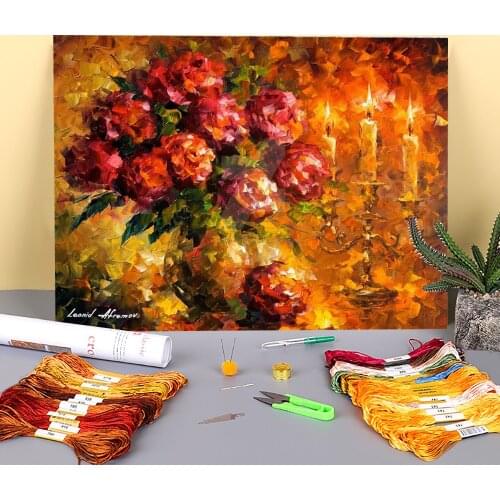 Roses And Candles Printed Fabric 11CT Cross Stitch DIY Embroidery Set DMC Threads Knitting Painting Handmade Promotions