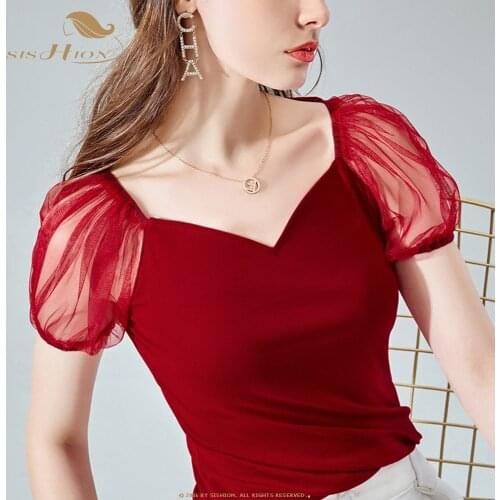 SISHION Cotton Women T Shirt VD1463 Tulle Puff Sleeve Female Summer tshirt Black White Red Sexy t shirt women TOPS