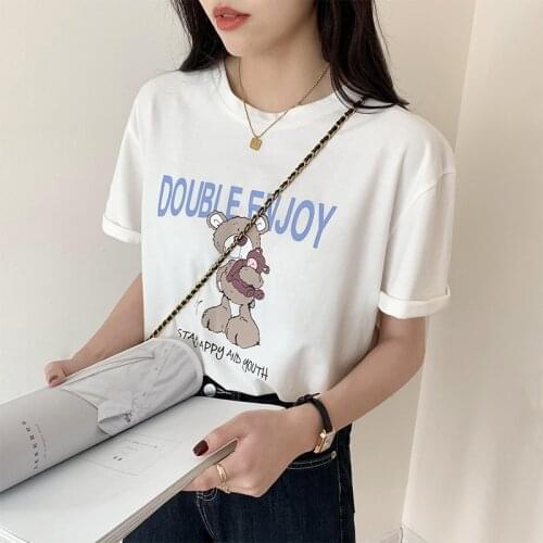 Oversized T-shirt Cartoon Bear Short Sleeve T-shirt Korean Loose Cotton T Shirt Summer Women Tops