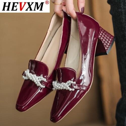 HEVXM 2021 Thick Heel Genuine Leather Sweet Pearl Wedding Women Shoes Square Toe Brand High Heel Shoes Women High Heel Shoes
