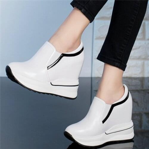 Fashion Sneakers Women Slip On Genuine Leather Wedges High Heel Ankle Boots Female Round Toe Platform Pumps Shoes Casual Shoes