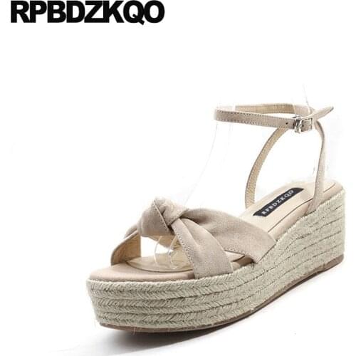 Pumps suede rope high heels korean women wedge platform sandals 2019 nude slingback genuine leather shoes espadrilles summer